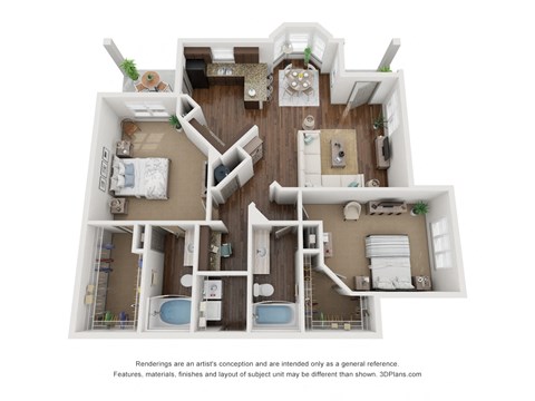 Floor plan for 2 beds, 2 baths, 1325 sqft